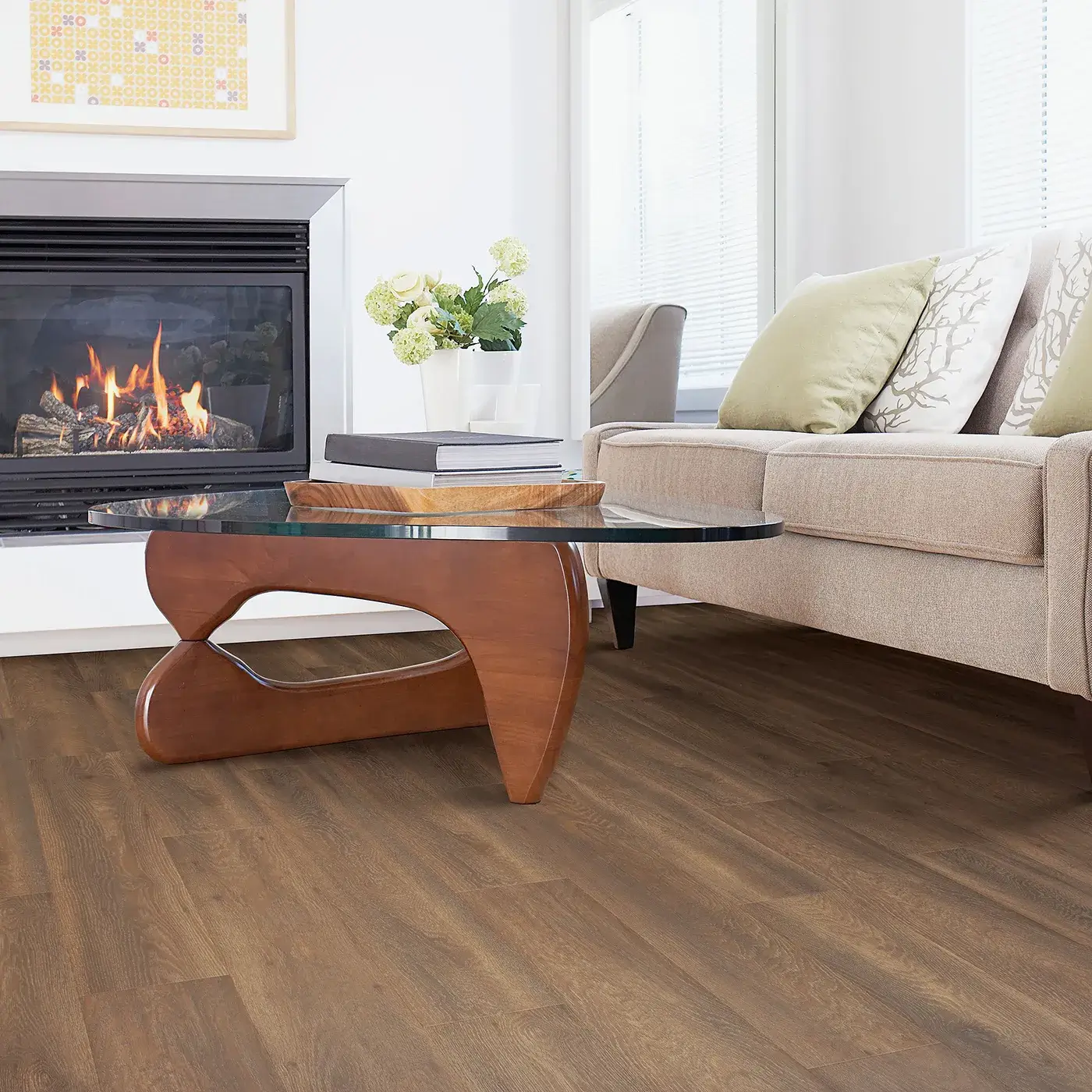 33609_04_room Laminate in a medium brown wood tone in a living room with a fireplace | Myers Flooring of Nashville