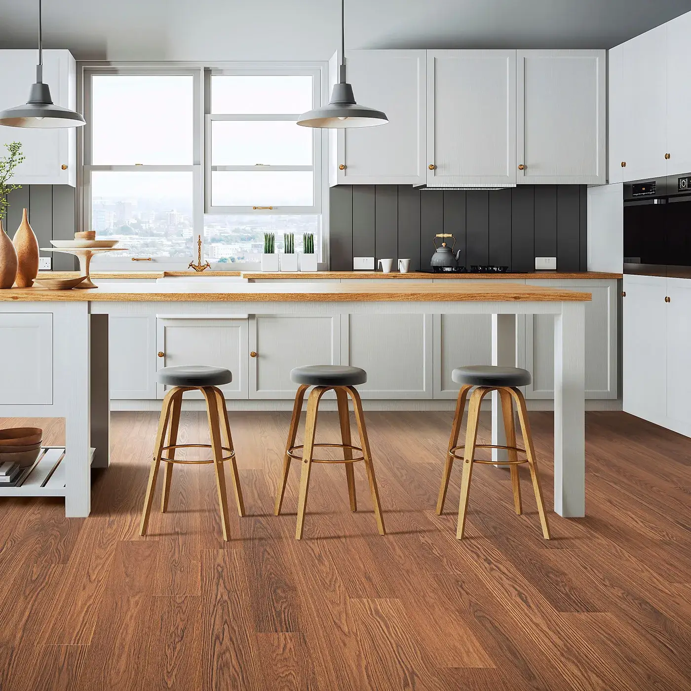 33612_03_room Mohawk Laminate in a rich reddish-brown wood color in a kitchen | Myers Flooring of Nashville