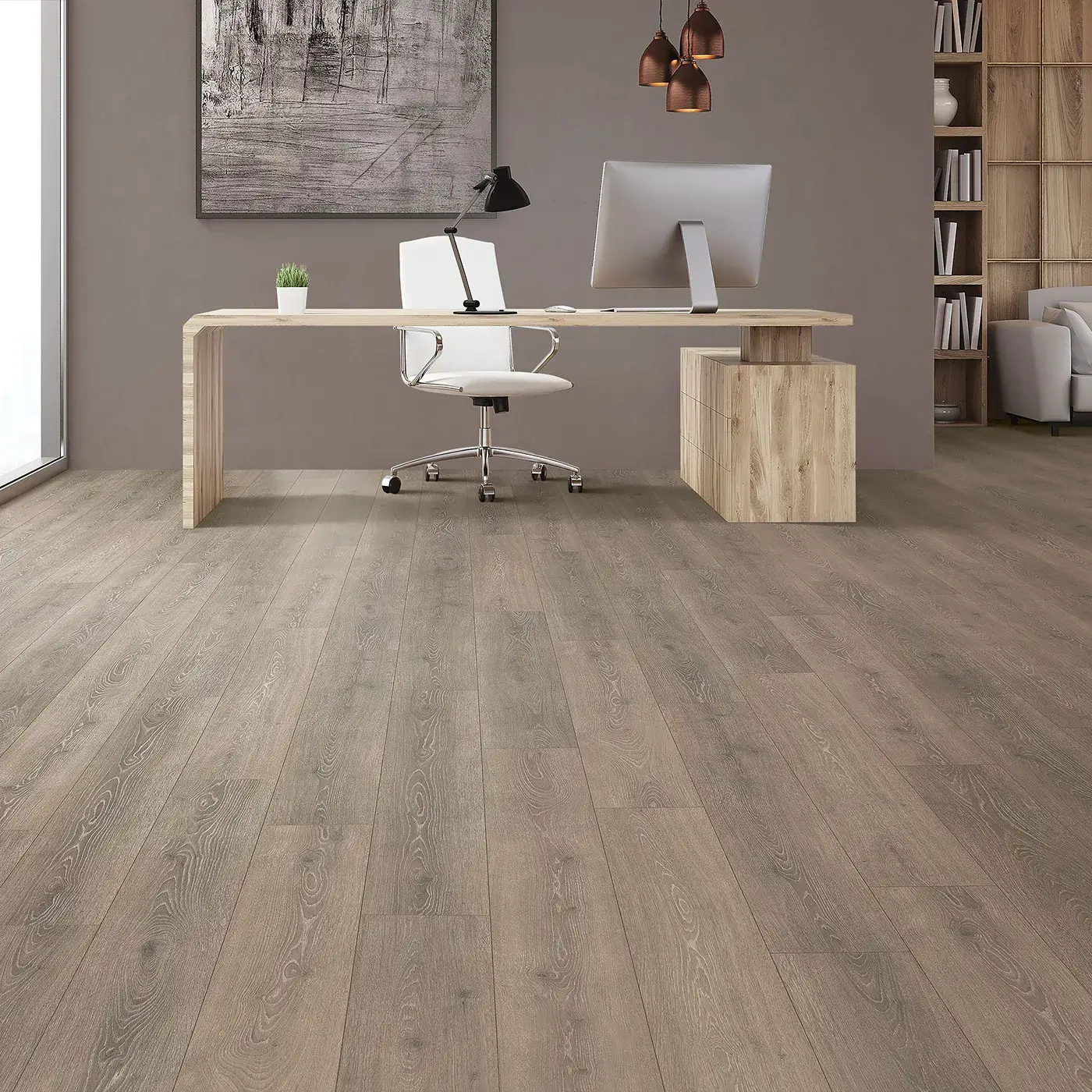 33634_10W_room Mohawk Laminate in a gray-brown wood tone in a home office | CR Carpet