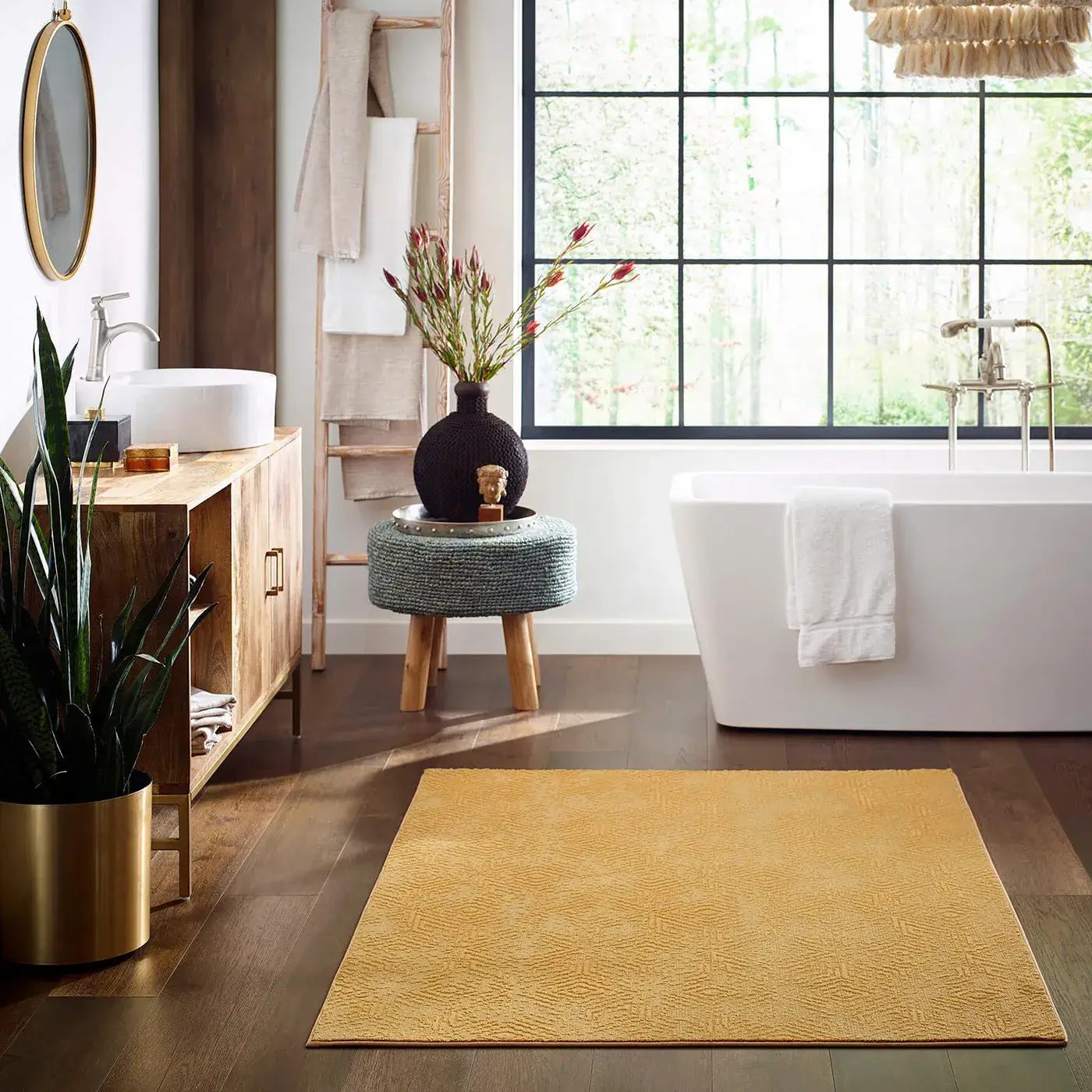 Boho-Chic-Bathroom-Vintage-Revival-CC77B-00250-Exquisite-FH820-7054-Cascade-BATHROOM-H A vibrant yellow Shaw Floors area rug | Myers Flooring of Nashville