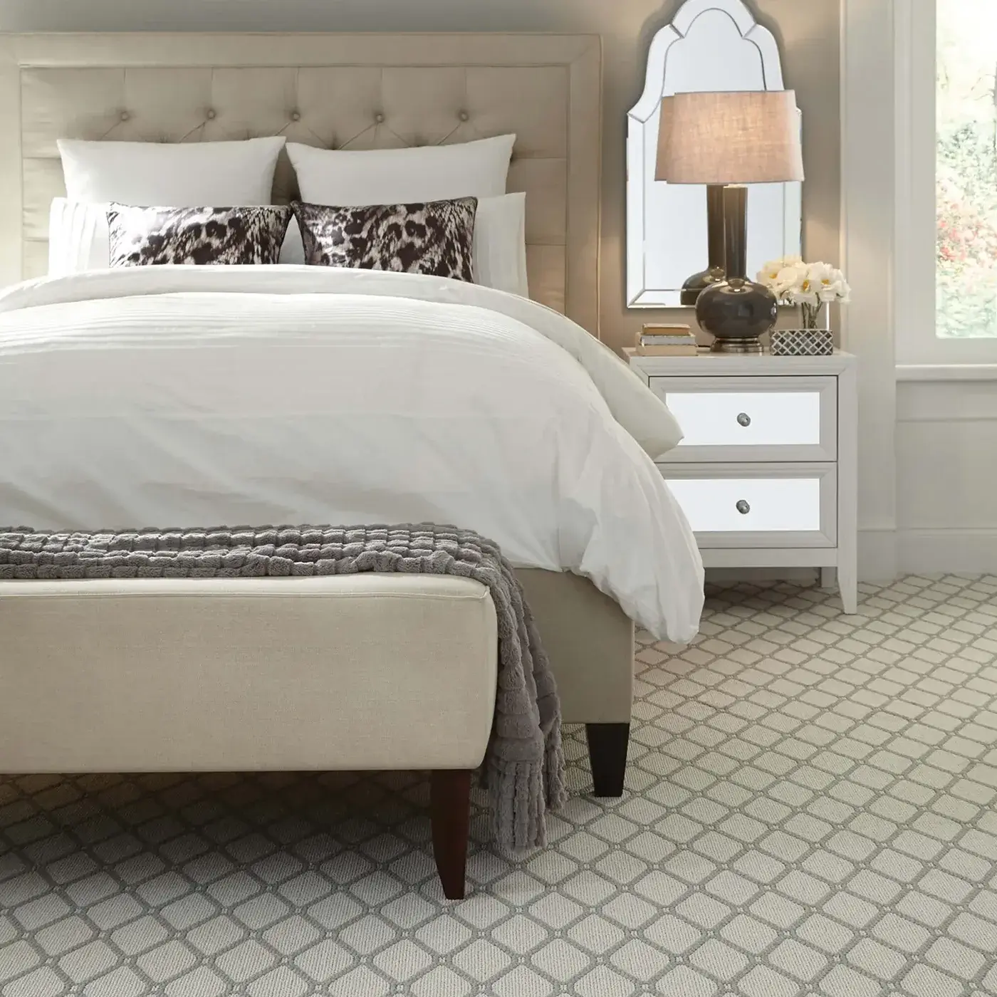 Marrakech-Z6888-00522-Porcelain-V White and gray patterned carpet in a bedroom | Myers Flooring of Nashville