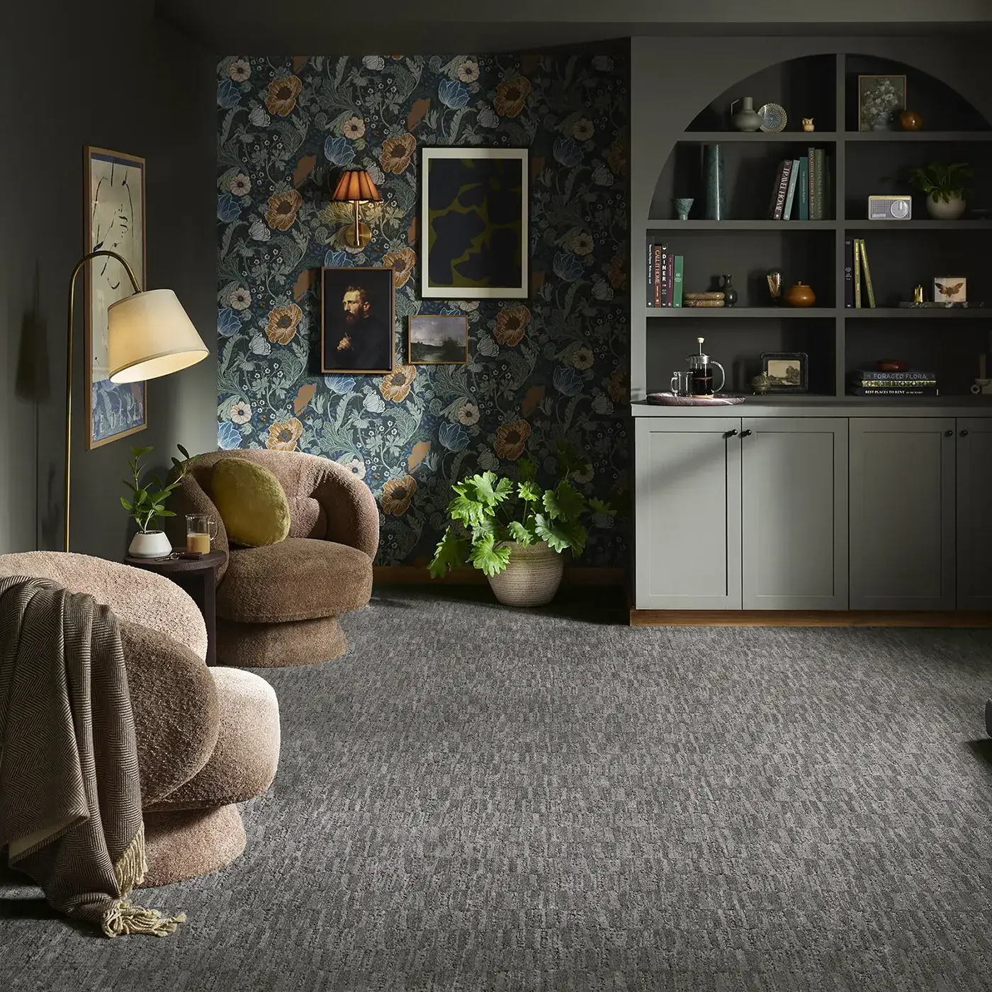 ZZ319_00537_Main Dark gray Shaw Floors carpet in a botanical themed sitting room | Myers Flooring of Nashville